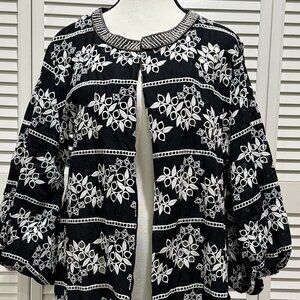 Chico’s Black & White Embroidered Jacket with Beaded Collar – Size 3 (16/18 XL)